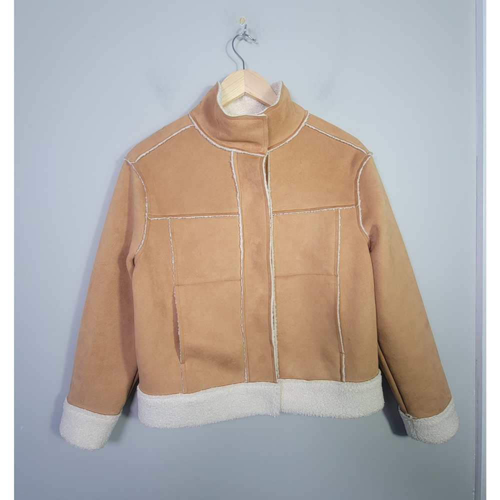 Marine Layer Womens XS Faux Shearling Snap Button Jacket Sherpa Lined Tan